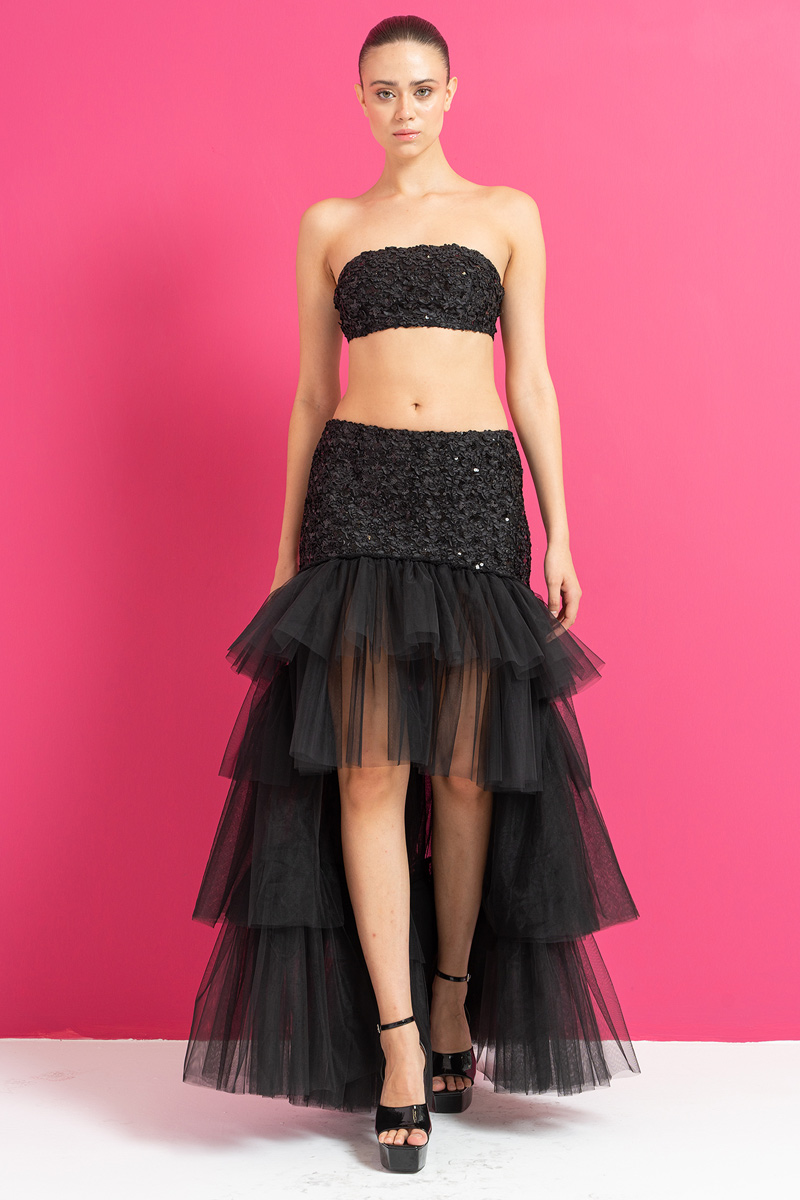 Black Sequin Bandeau & High-Low Tiered-Ruffle Skirt Set