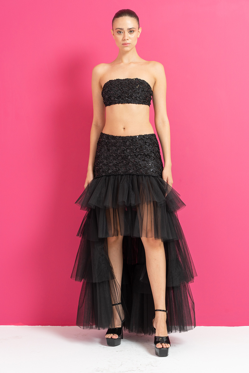 Wholesale Black Sequin Bandeau & High-Low Tiered-Ruffle Skirt Set