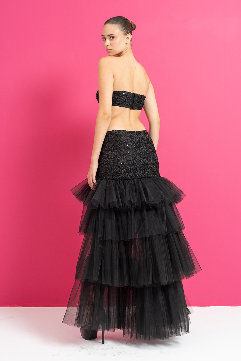 Wholesale Black Sequin Bandeau & High-Low Tiered-Ruffle Skirt Set