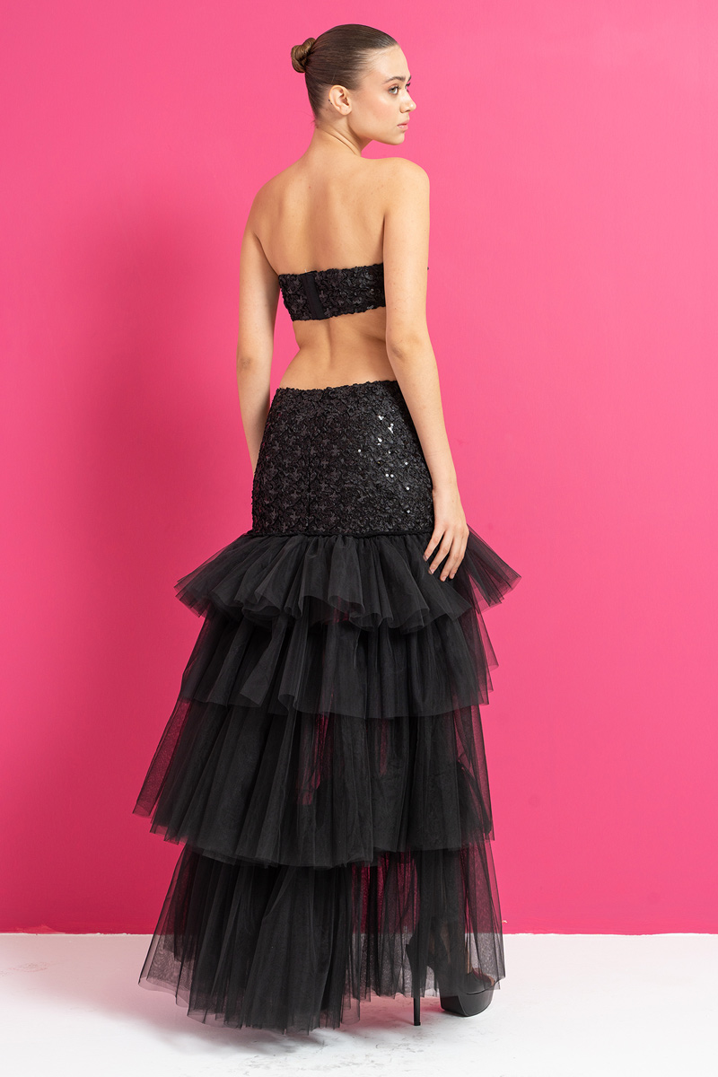 Black Sequin Bandeau & High-Low Tiered-Ruffle Skirt Set
