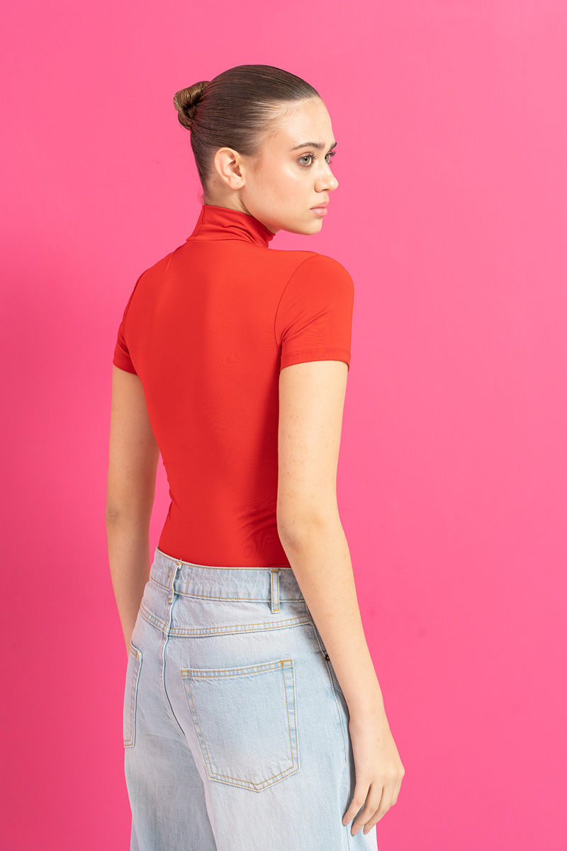 Slim Fit Short Sleeve Roll Neck Red Top