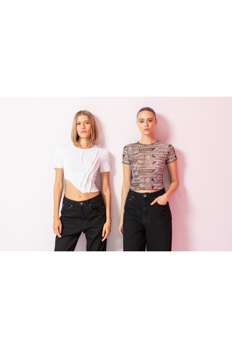 Wholesale Printed Offwhite Black Mesh Cropped Top