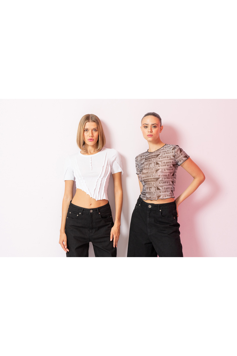 Printed Offwhite Black Mesh Cropped Top