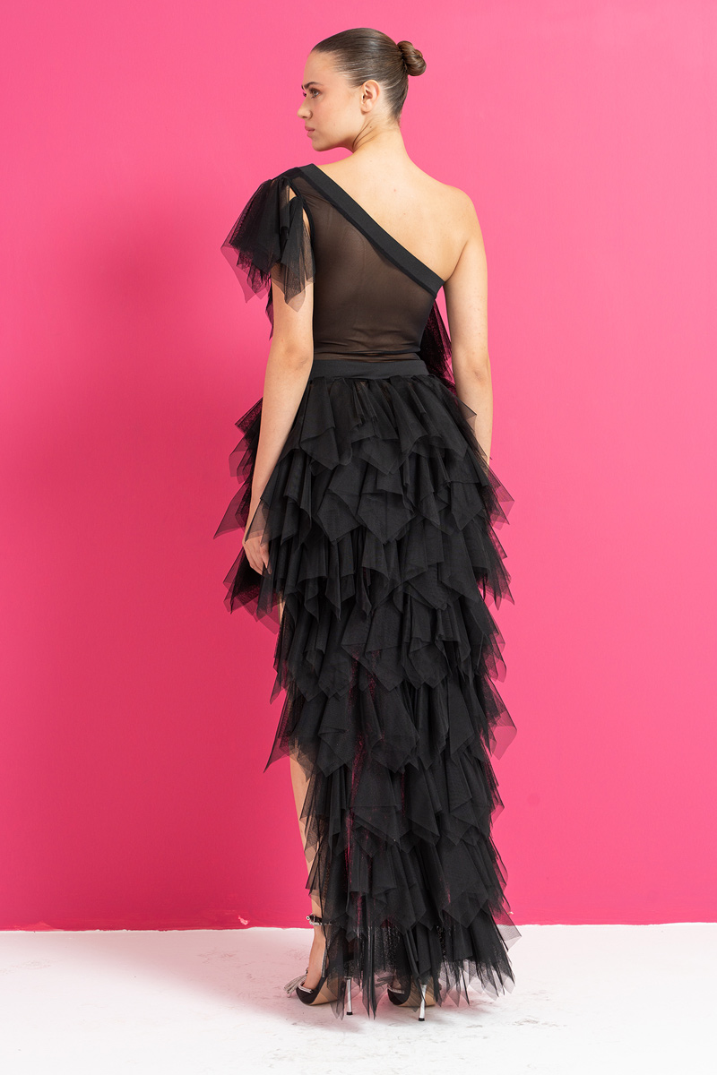 Wholesale One Shoulder Ruffle Black Mini Tulle Dress