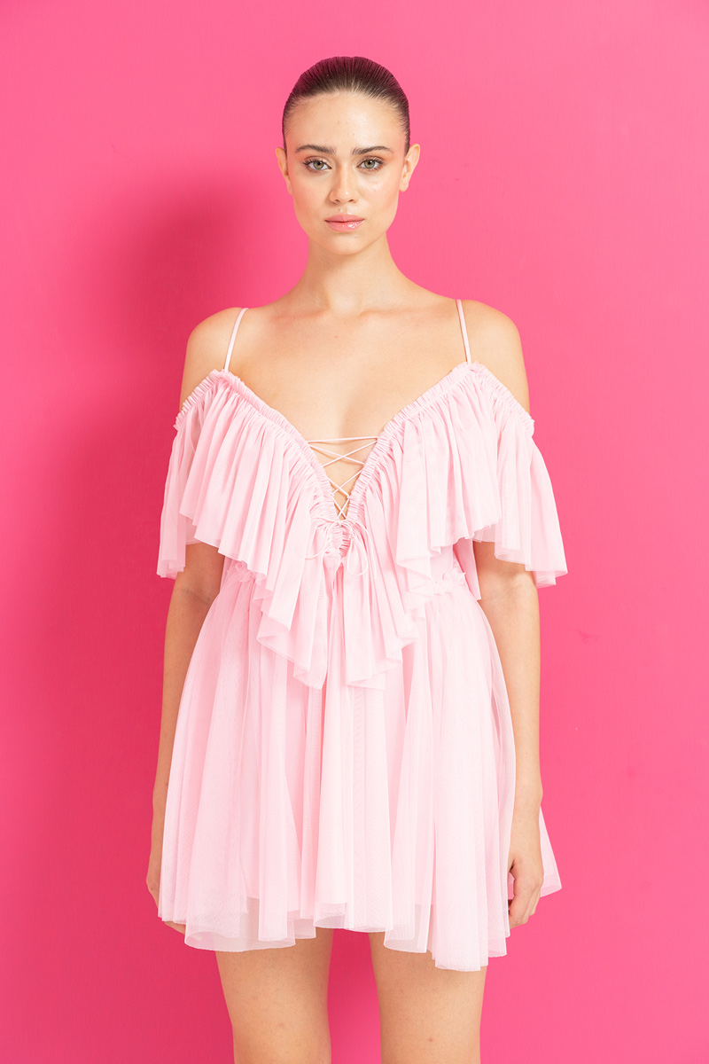 Pink Off-the-Shoulder Cami Tulle Dress