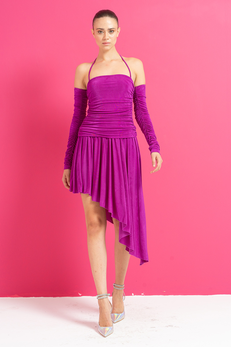 Magenta Shirred Asymmetric Dress with Detached Sleeves