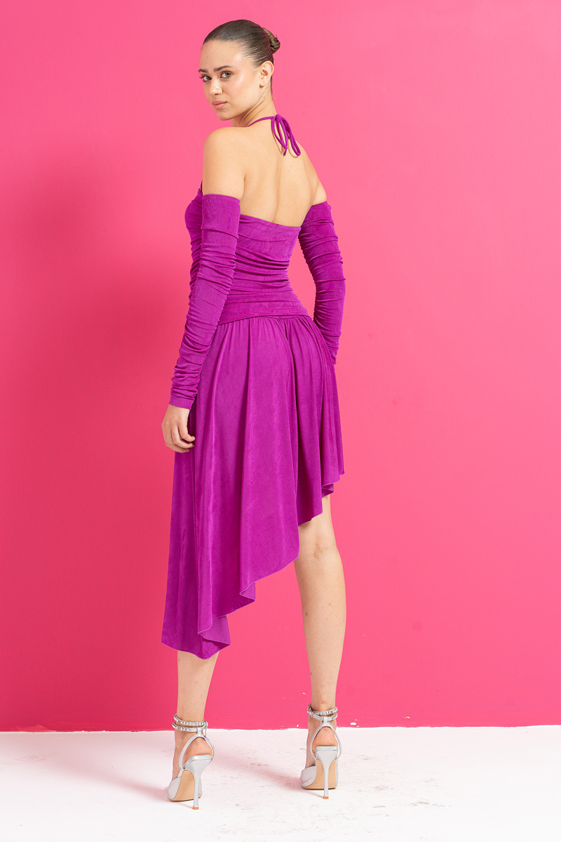 Magenta Shirred Asymmetric Dress with Detached Sleeves