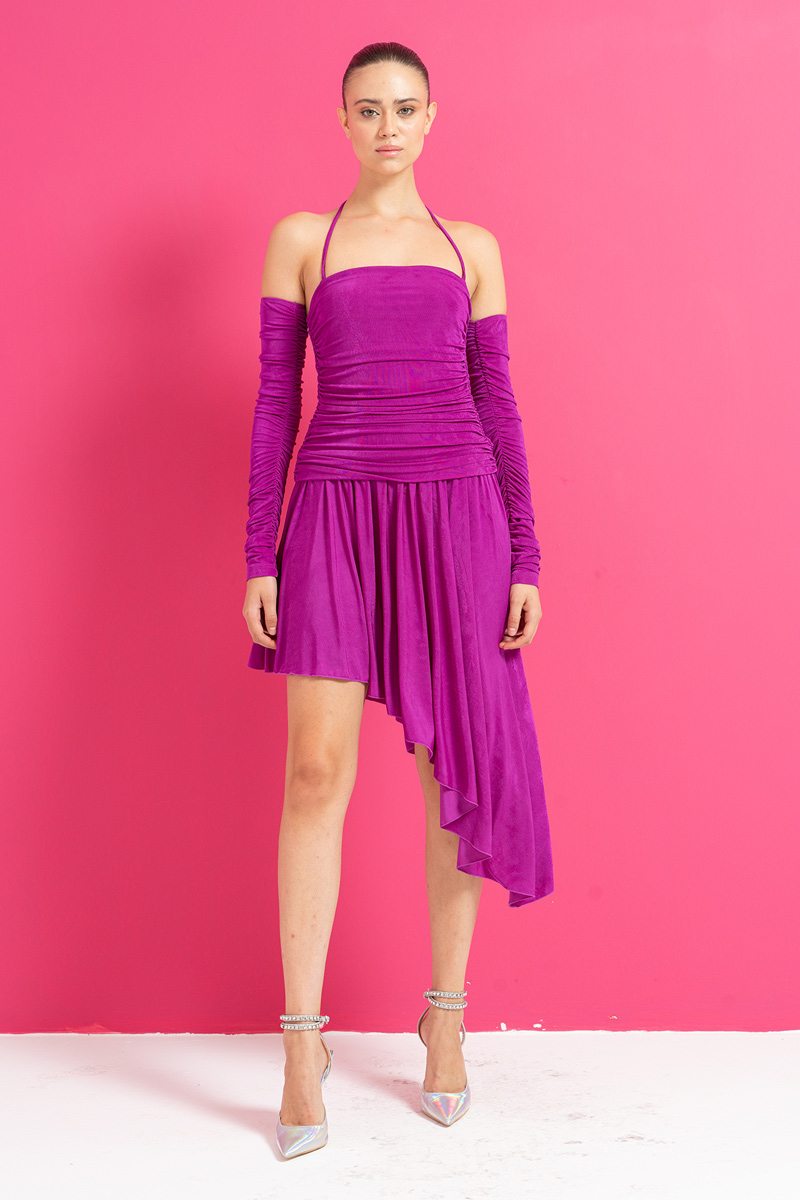 Magenta Shirred Asymmetric Dress with Detached Sleeves