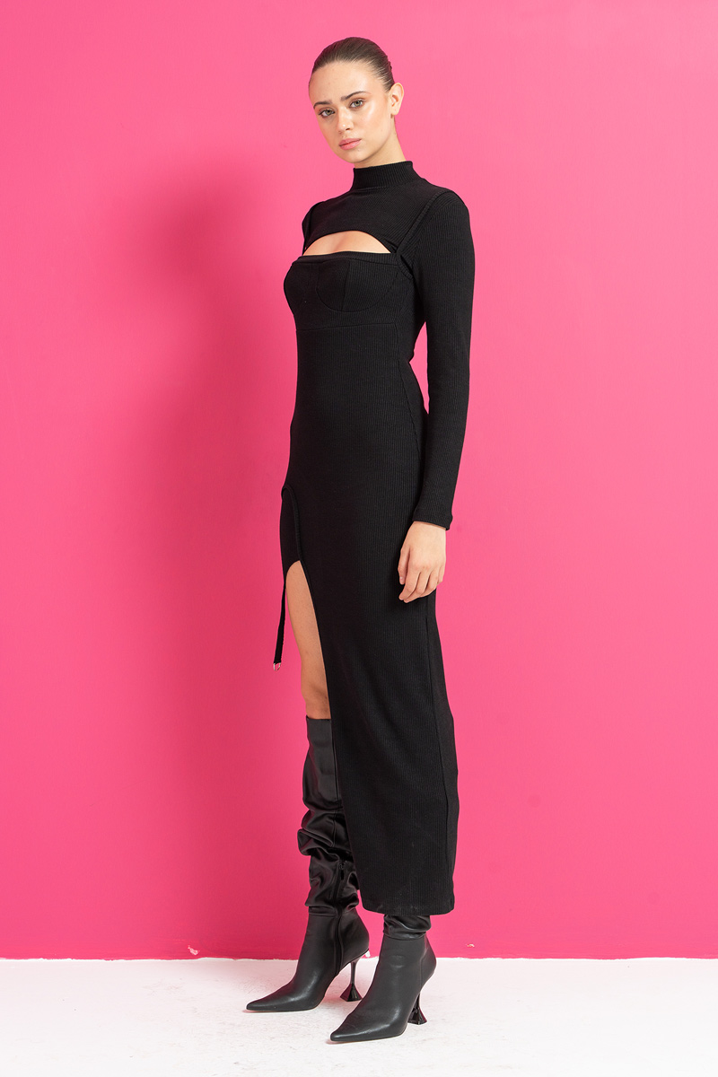 Wholesale Black Cut Out Front Split-Leg Ribbed Dress