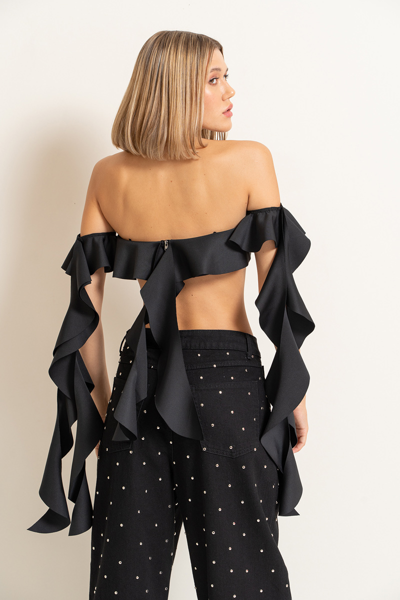 Black Ruffle Mini Tube Top with Detached Sleeves