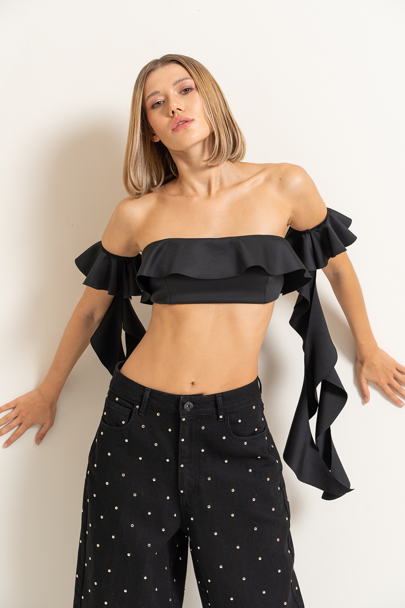 Wholesale Black Ruffle Mini Tube Top with Detached Sleeves