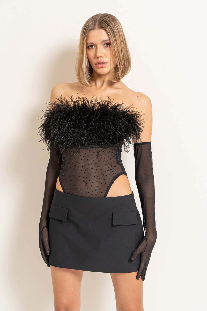 Black Embellished Mesh Bodysuit with Gloves