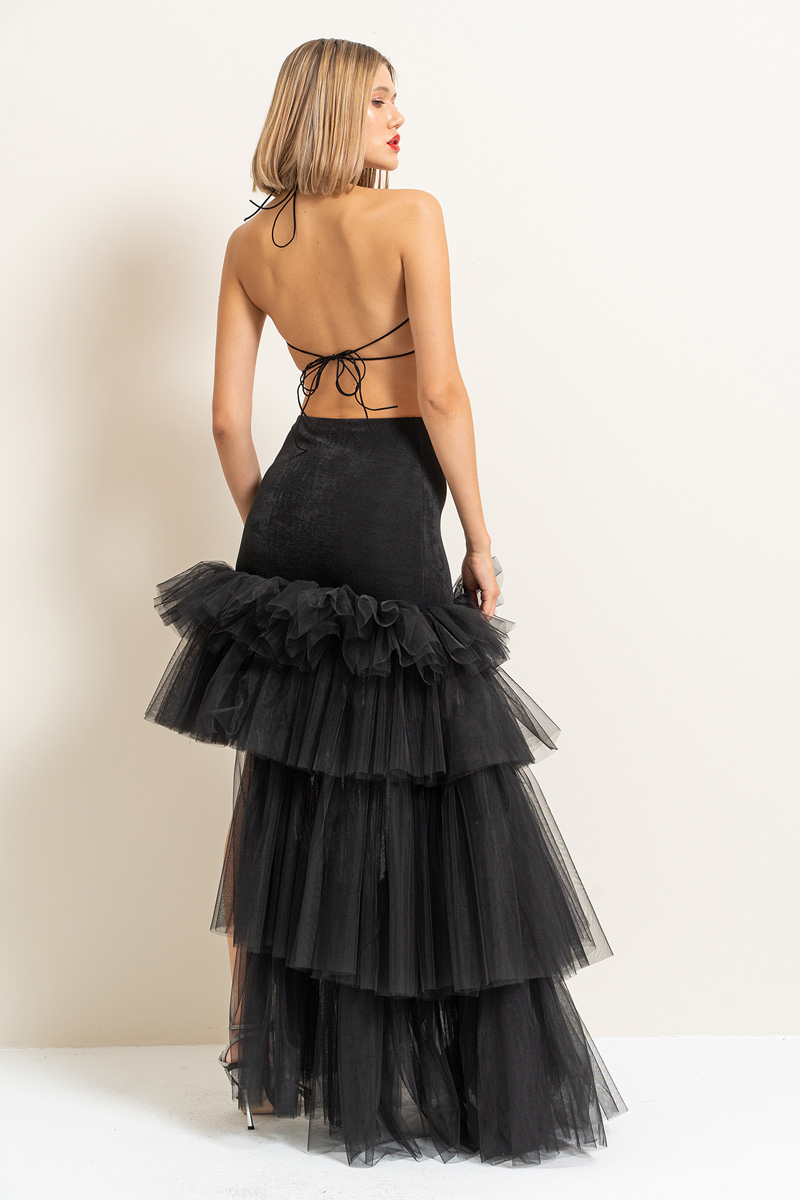 Black High-Low Tiered-Ruffle Tulle Skirt