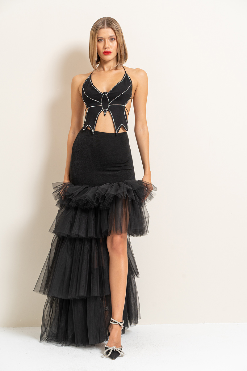 Wholesale Black High-Low Tiered-Ruffle Tulle Skirt