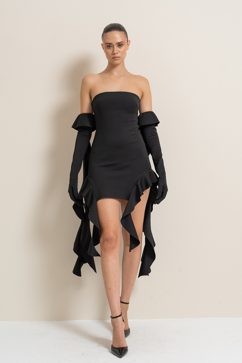 Black Ruffled Tube Dress with Gloves