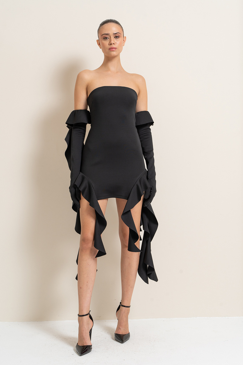 Black Ruffled Tube Dress with Gloves