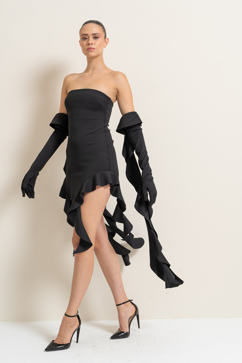 Black Ruffled Tube Dress with Gloves