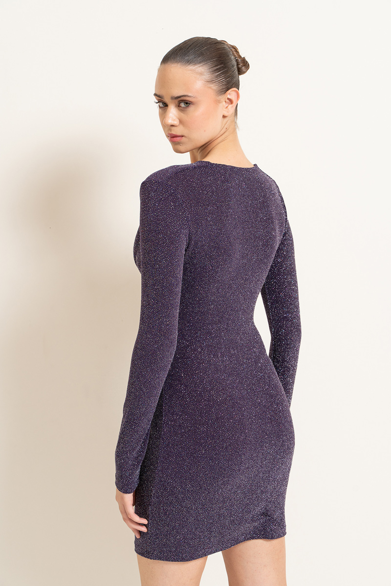 Glittery Dark Purple Cowl Neck Mini Dress