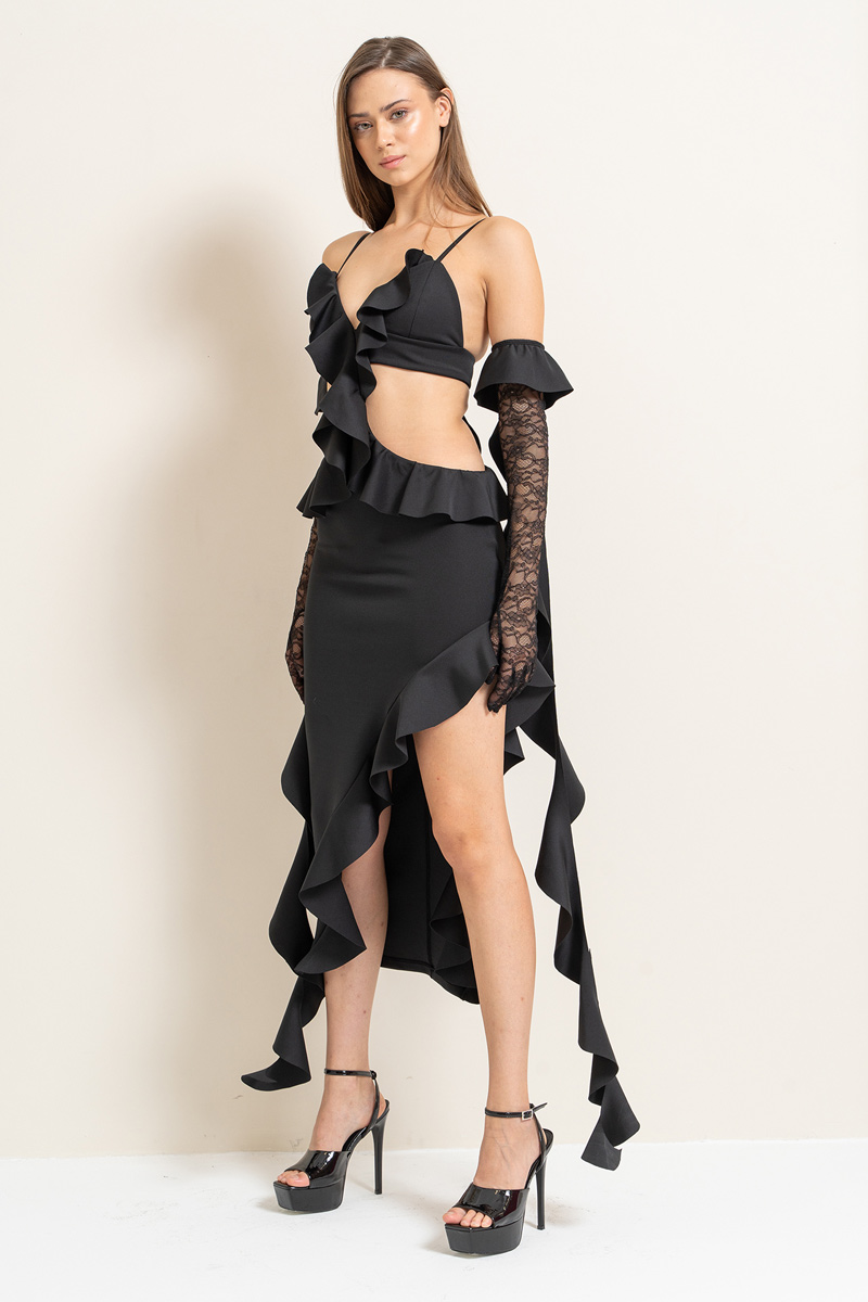 Black Ruffle Cami Dress with Lace Gloves