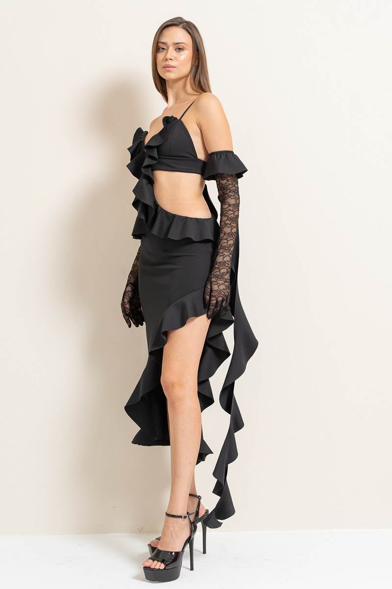 Wholesale Black Ruffle Cami Dress with Lace Gloves