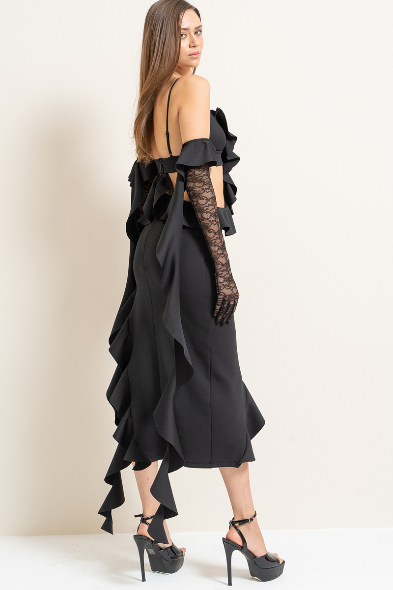 Black Ruffle Cami Dress with Lace Gloves