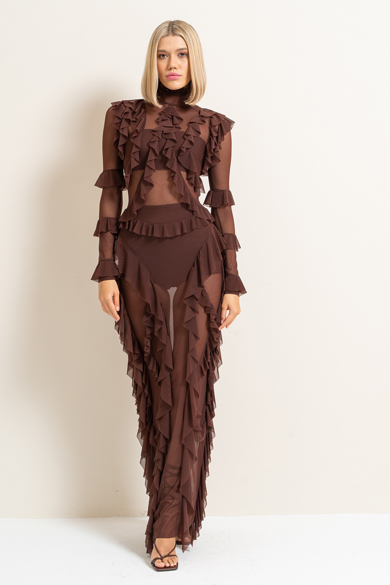 Sheer Ruffled Maxi Dress in Dark Brown