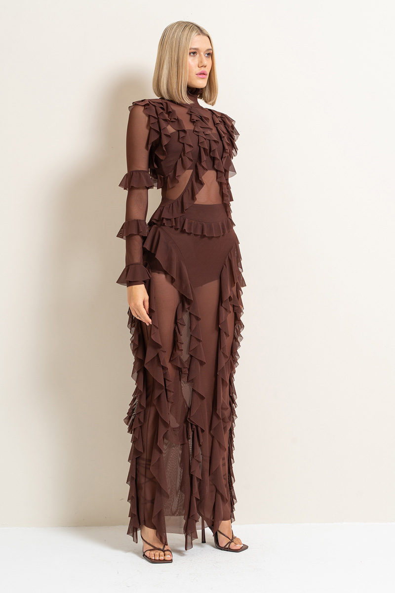 Wholesale Sheer Ruffled Maxi Dress in Dark Brown