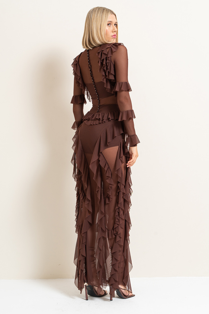 Sheer Ruffled Maxi Dress in Dark Brown