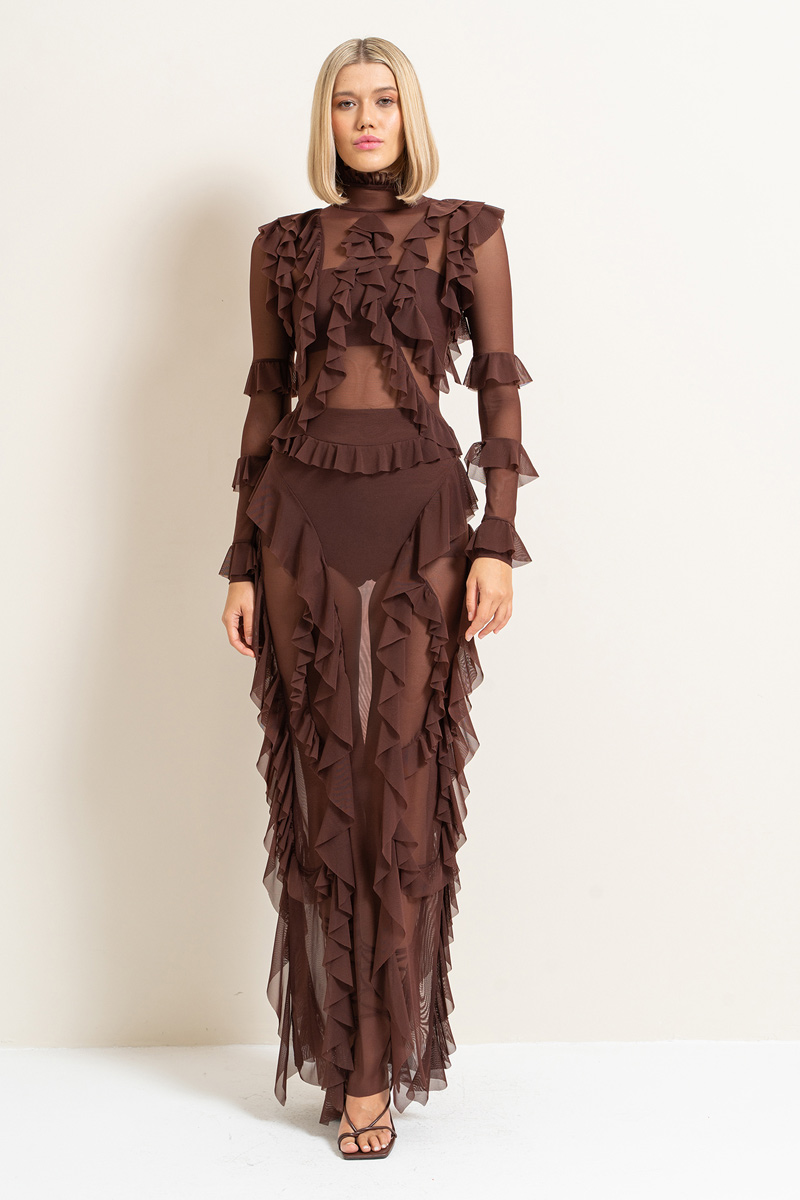 Wholesale Sheer Ruffled Maxi Dress in Dark Brown