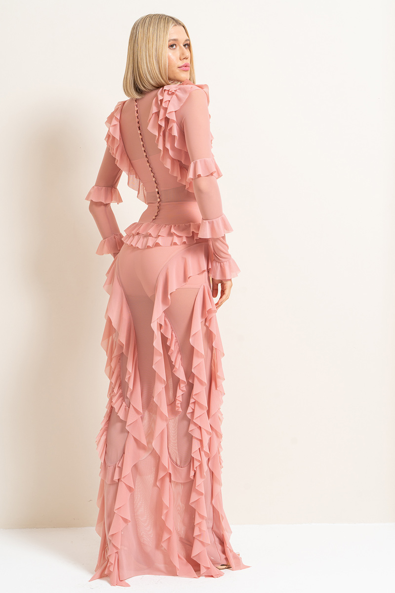 Toptan Fırfırlı Somon Transparan Elbise