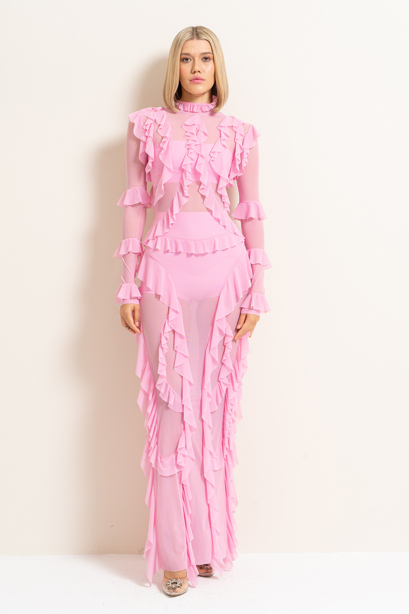 Sheer Ruffled Maxi Dress in New Pink