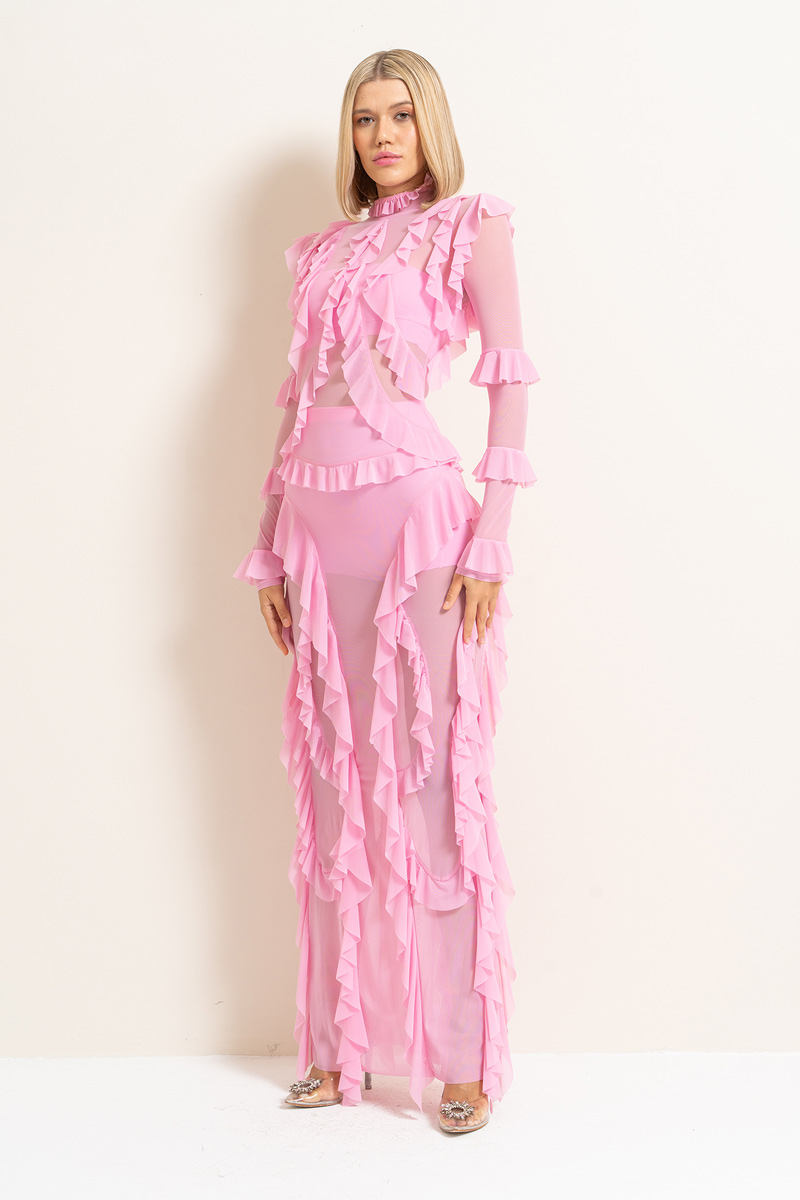 Sheer Ruffled Maxi Dress in New Pink