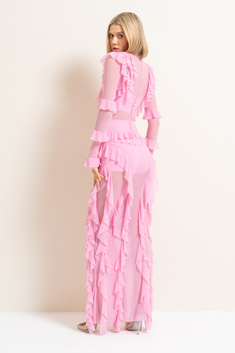 Wholesale Sheer Ruffled Maxi Dress in New Pink