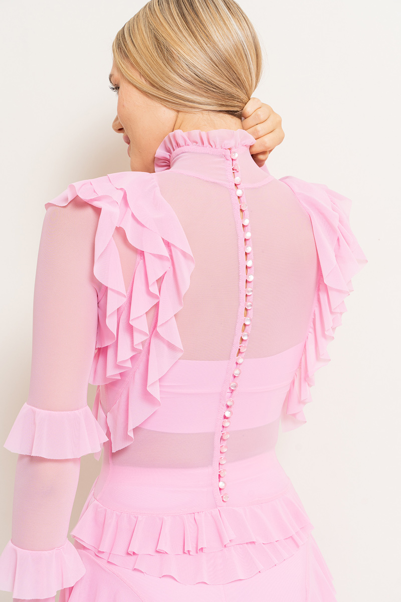 Wholesale Sheer Ruffled Maxi Dress in New Pink