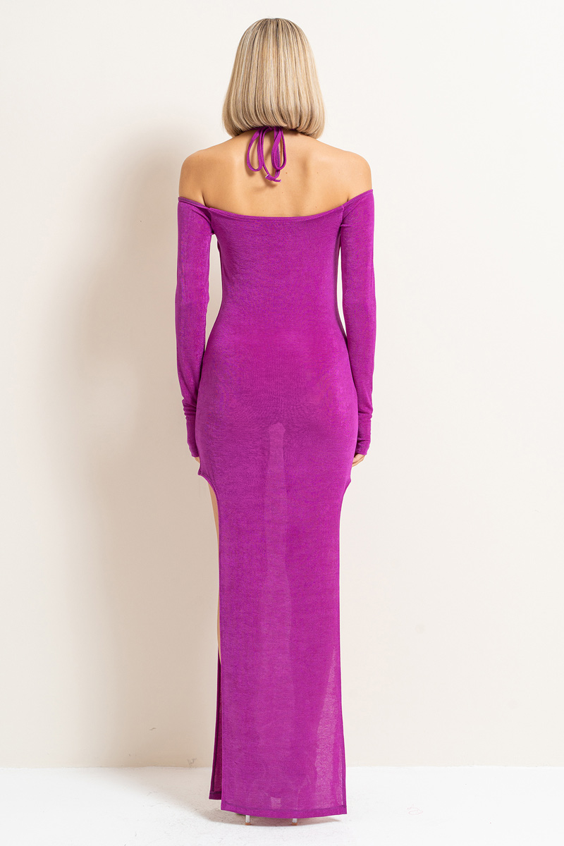 Magenta Cut Out Shoulder Long-Sleeve Split-Side Dress