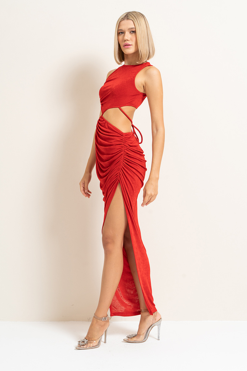 Red Cut Out Waist Sleeveless Dress