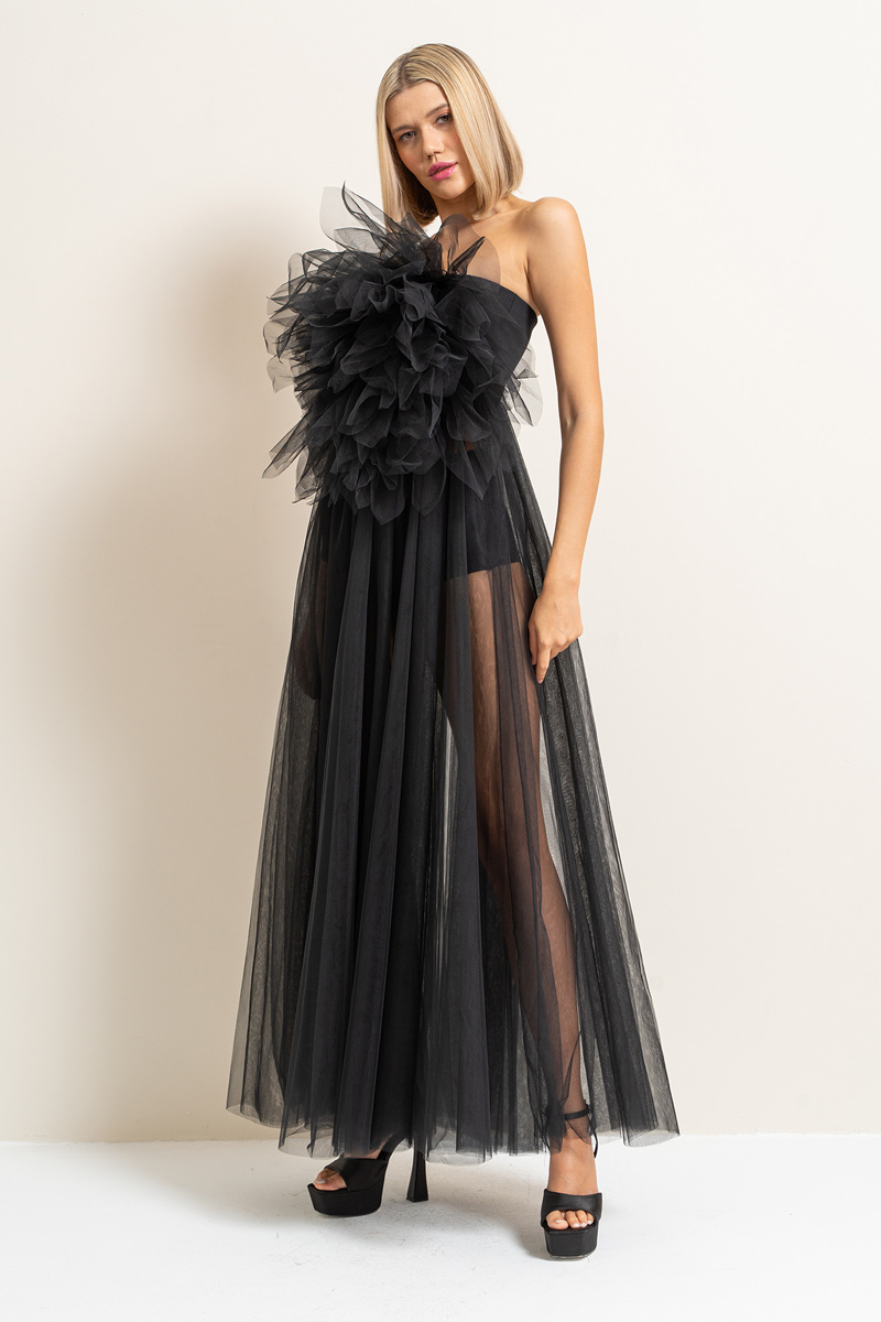 Wholesale Black Ruffle-Front Maxi Tulle Dress