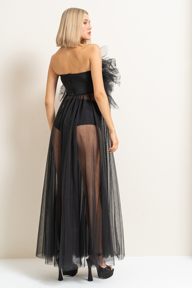 Wholesale Black Ruffle-Front Maxi Tulle Dress