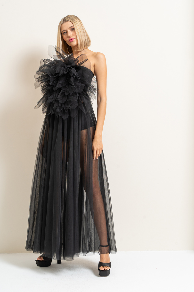 Black Ruffle-Front Maxi Tulle Dress