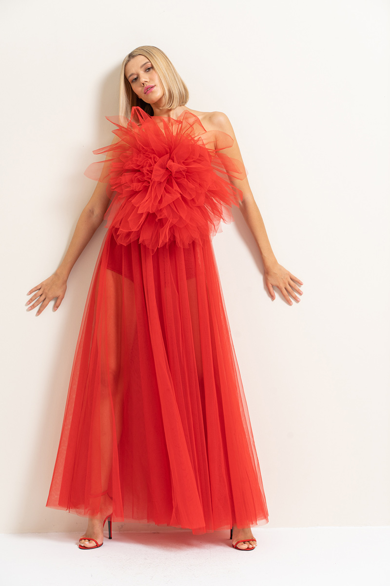 Red Ruffle-Front Maxi Tulle Dress
