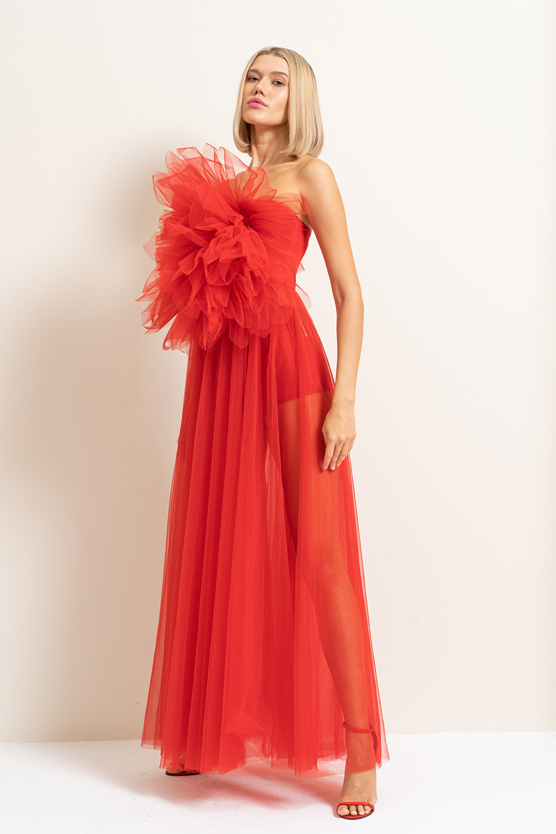 Red Ruffle-Front Maxi Tulle Dress