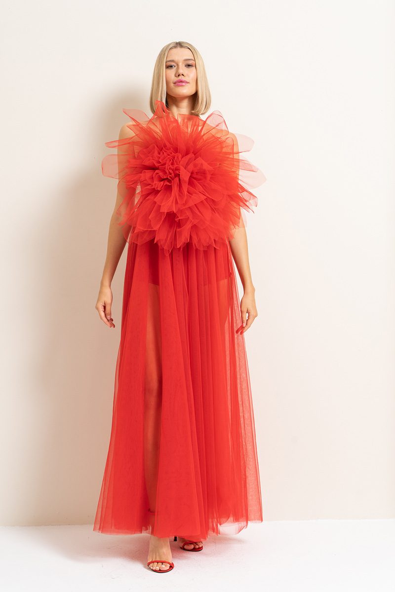 Wholesale Red Ruffle-Front Maxi Tulle Dress