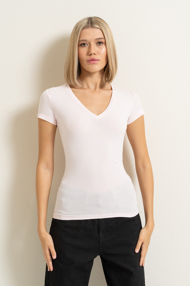 Wholesale Light Pink V Neck Short Sleeve T-Shirt
