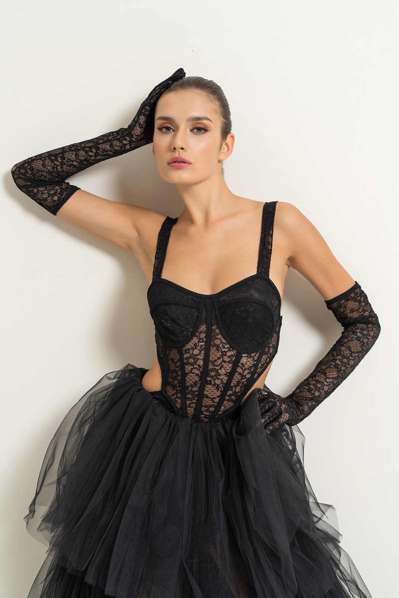 Black Cami Lace Bodysuit with Gloves