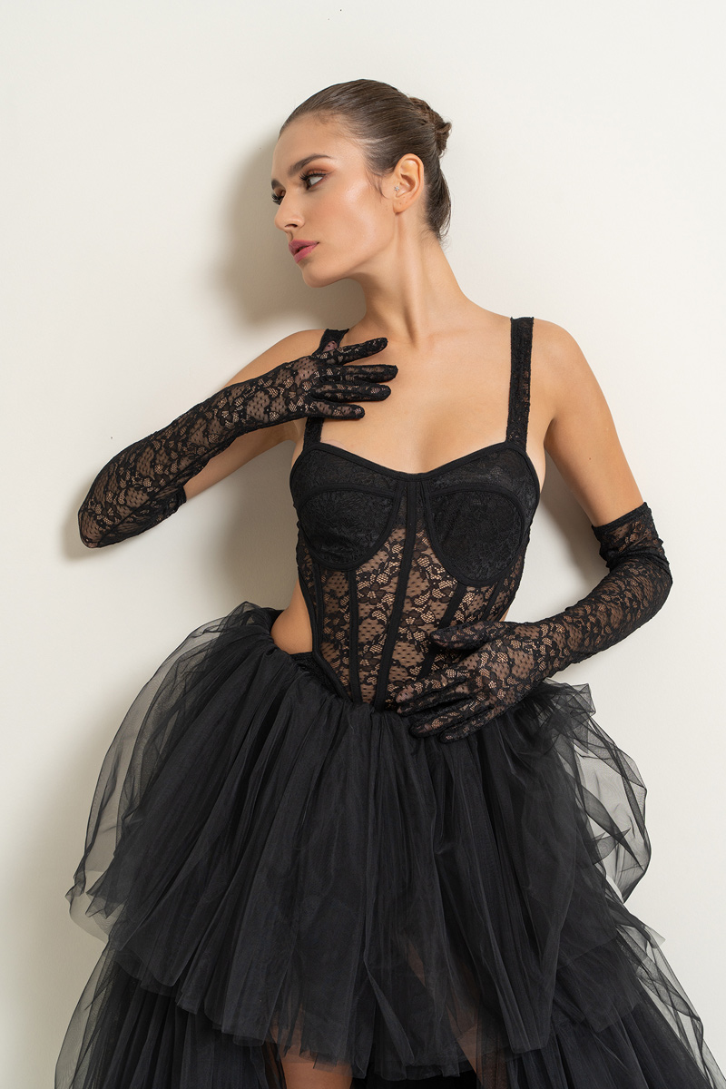 Black Cami Lace Bodysuit with Gloves