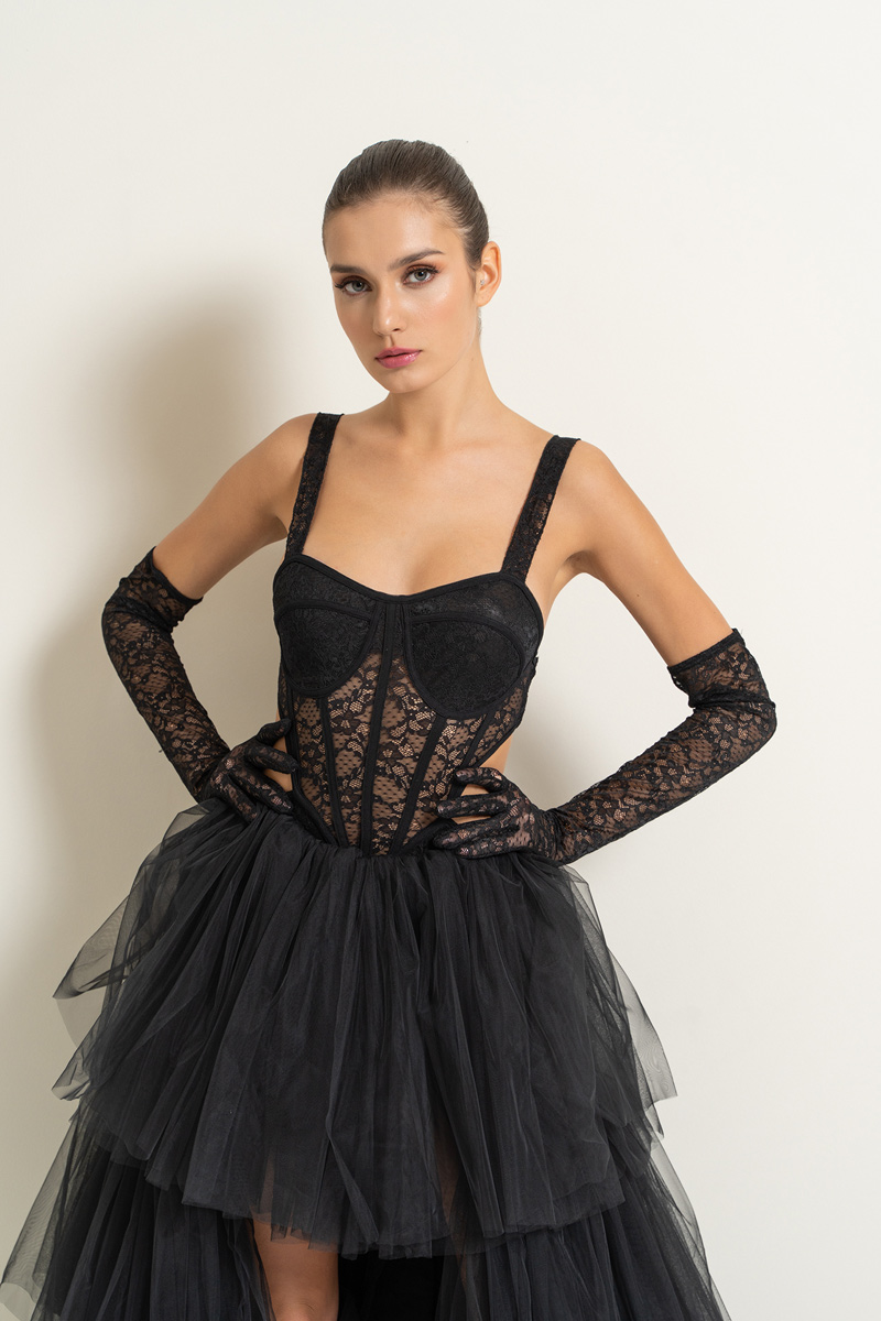Black Cami Lace Bodysuit with Gloves