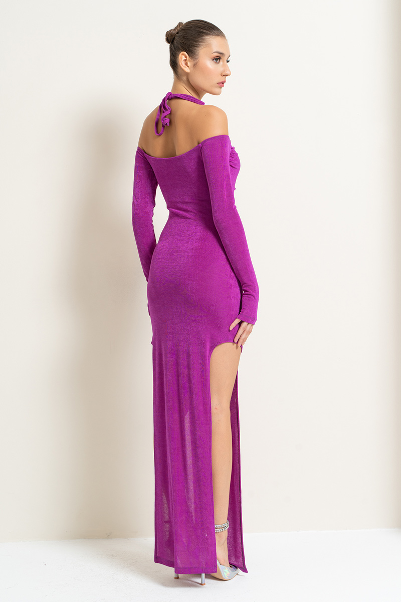 Magenta Cut Out Shoulder Long-Sleeve Split-Side Dress