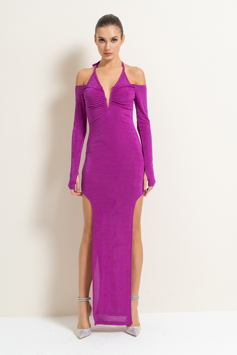 Magenta Cut Out Shoulder Long-Sleeve Split-Side Dress