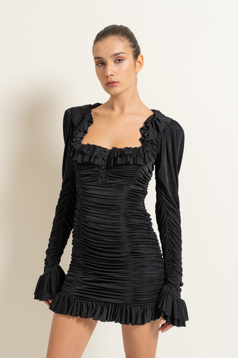 Wholesale Black Square-Neck Ruched Mini Dress
