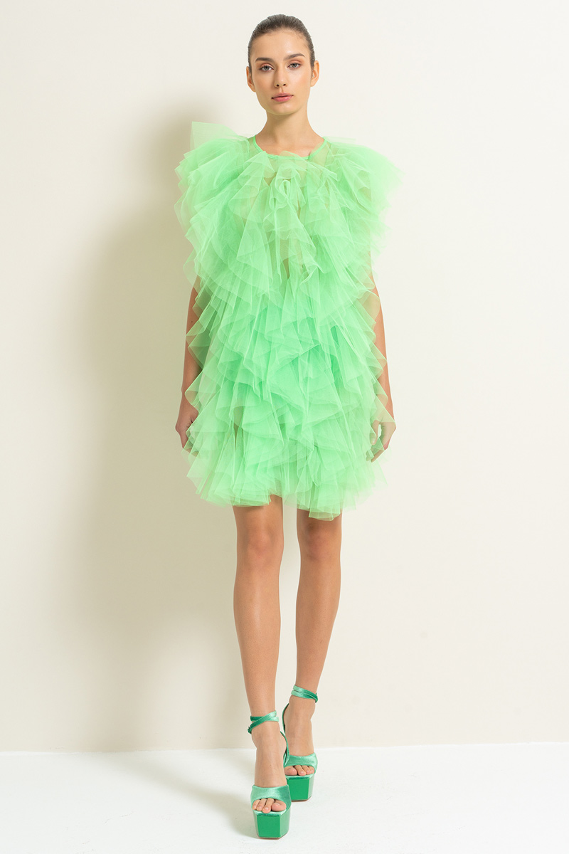 Wholesale NEON LIGHT GREEN Ruffle Tulle Mini Dress
